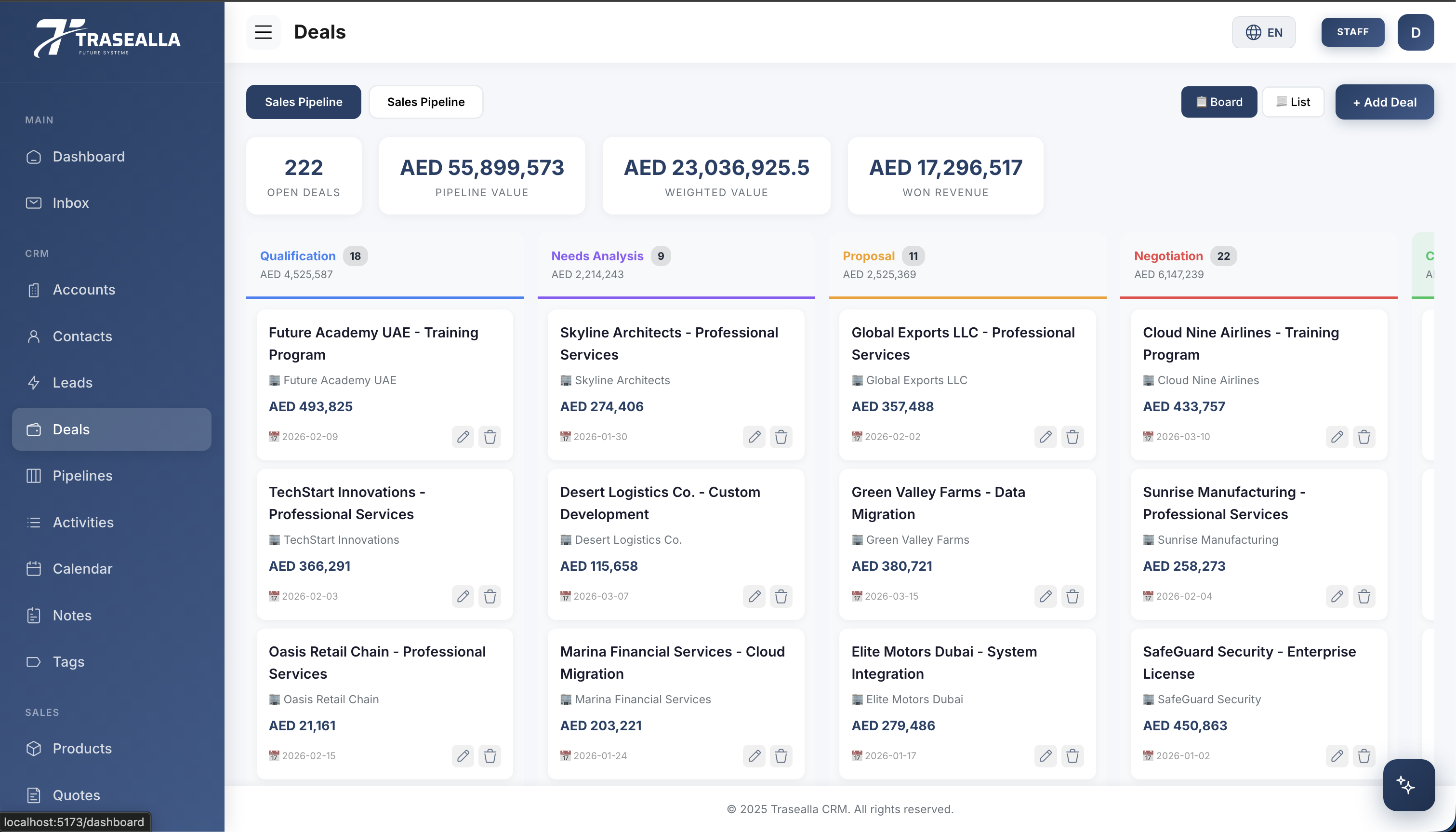 Trasealla CRM Deals Kanban Board - Visual pipeline management with deal stages, values, and quick actions